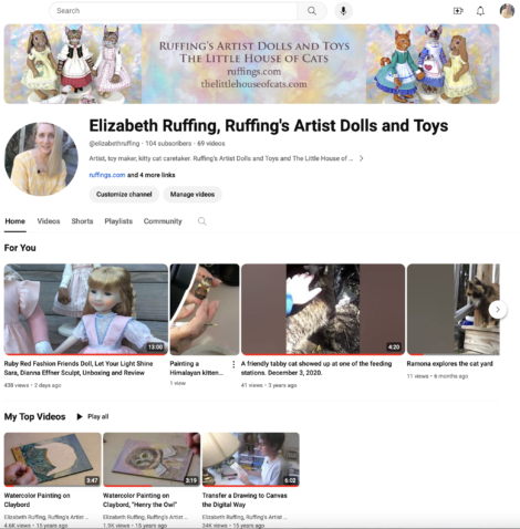 YouTube main page with a logo saying Ruffing's Artist Dolls and Toys and The Little House of Cats 
